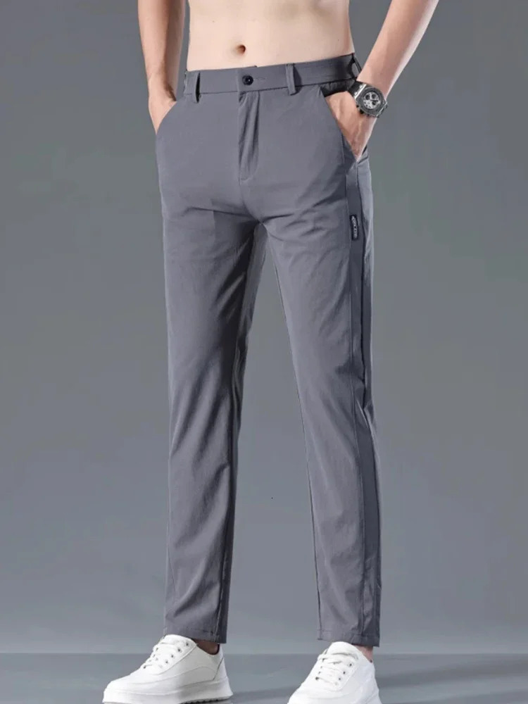 Mens casual pants semi elastic waistband nylon ice silver elastic straight tube light gray business gentleman summer casual 241111