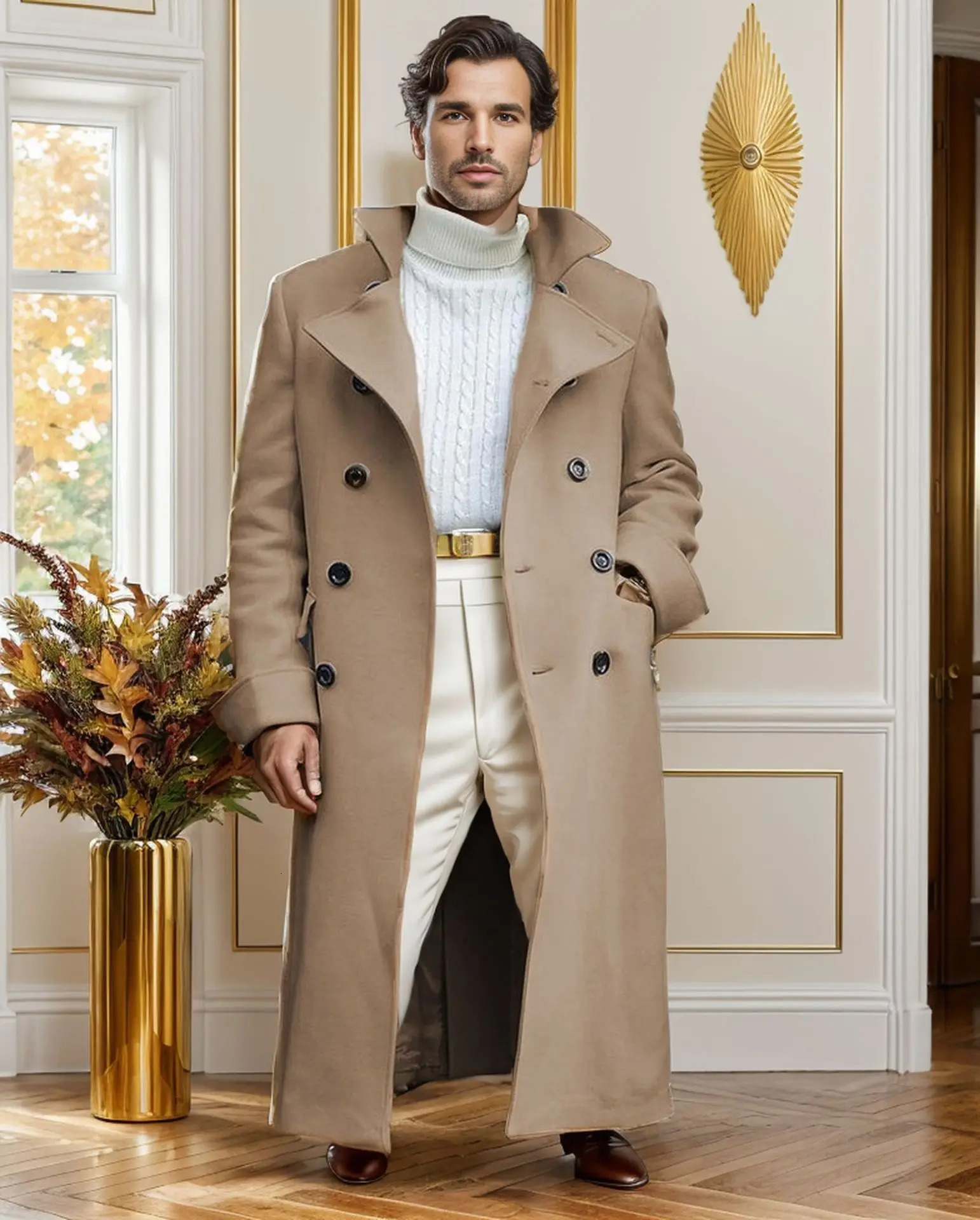 Male Solid White Blue Gray England Style Woolen Overcoat Double-Breasted Long Trench Coat Casual Winter Men Fashion Warm Jackets 241111