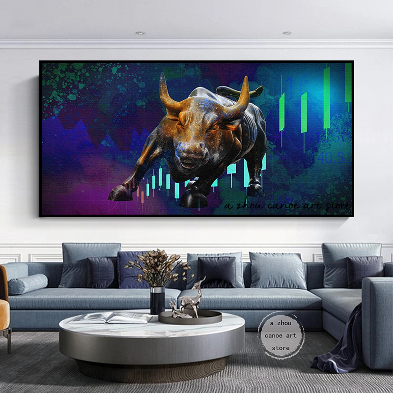 Motivational Bull of Wall Street Stock Market Trading Dollar Art Poster Canvas Painting Wall Print Picture for Office Home Decor