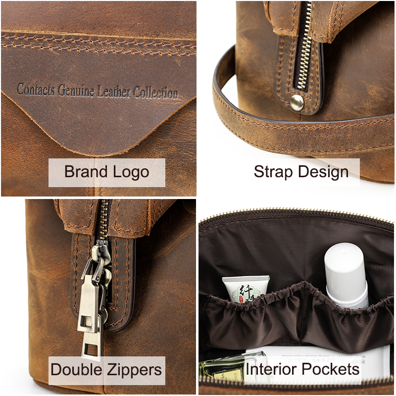 Contact's Men Hanging Cosmetic Bag Crazy Horse Leather Travel Makeup Case Zipper Organizer Storage Pouch Vintage Toiletry Bags Leather