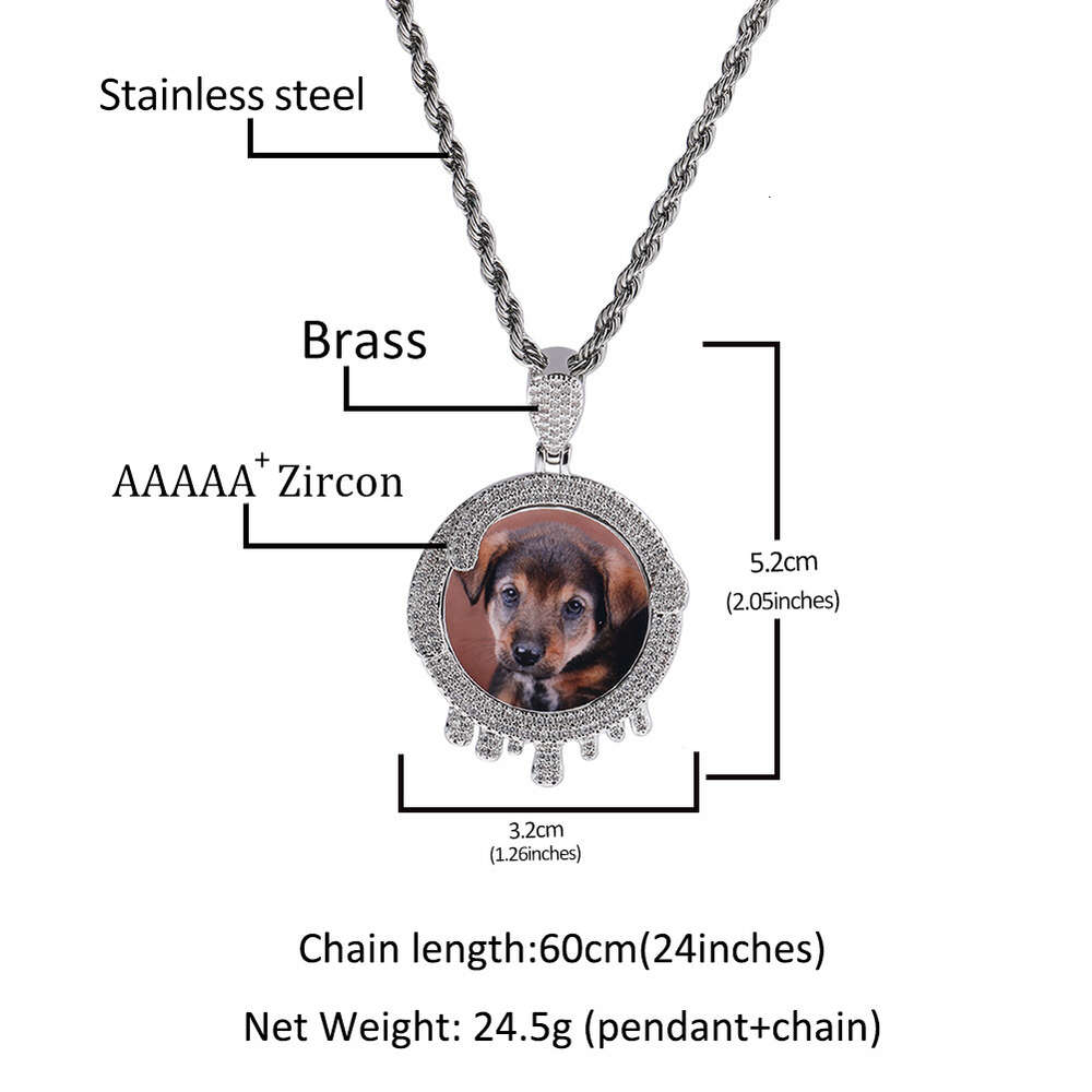 Top Quality Hip Hop Gold Round Water Drop Diy Photo Pendant Neckjlace For Men And Women Custom Photo Unisex Copper Diamond Memorial Frame Couple Jewel