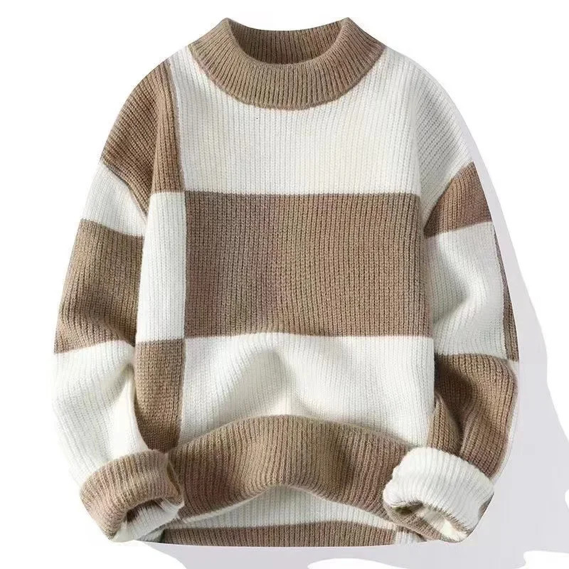 Men Sweaters Pullovers Round Neck Full Sleeve Casual Regular Knitted Tops Warm Thick Top Knit Splice Autumn Winter 241111
