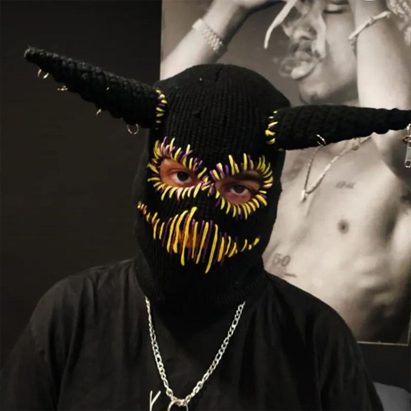 Devil Horns Beanie Knit Hats Halloween Warm Winter Caps Sewed Mouth Scars Design Ski Mask Headwear for Adults Teens