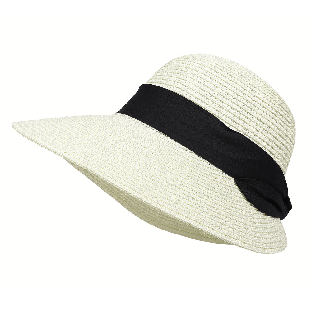 Women's Sun Hat Wide Brim Foldable Bows Straw Hats Summer Travel Beach Panama Cap Dome Bucket Cap Breathable Visor Bonnet