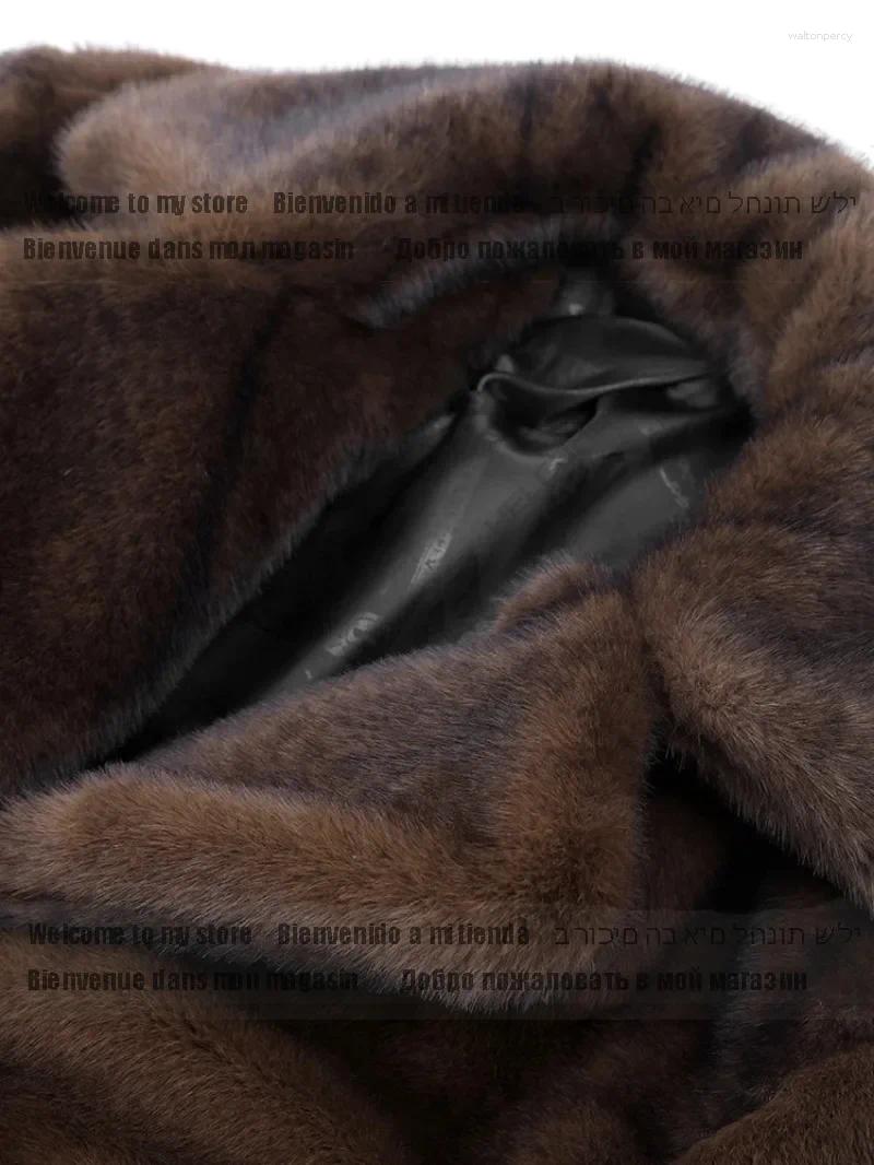 Women's Fur Coat Winter Fluffy Plush Warm Thicken Outerwear Dark Brown Faux Long Overcoat Single Breasted Fleece Trench