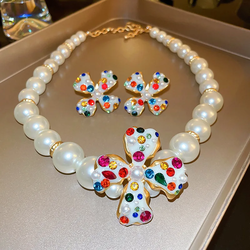 Style Pearl Korean FYUAN Necklace Earrings For Women Colourful Flower Crystal Ear Clip Earrings Weddings Banquet Jewelry Sets smile