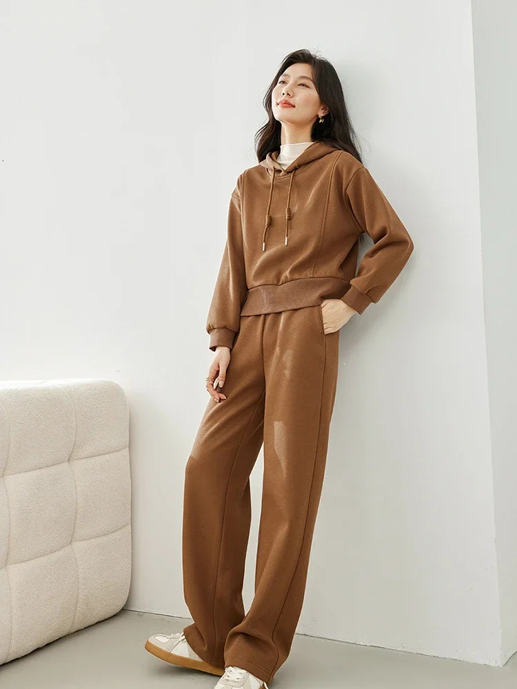 Vimly Fleece Tracksuit Womens Coffee Sports Two Piece Pants Hooded Sweatshirt Wide Leg Sweatpants Matching Set M3736 241111