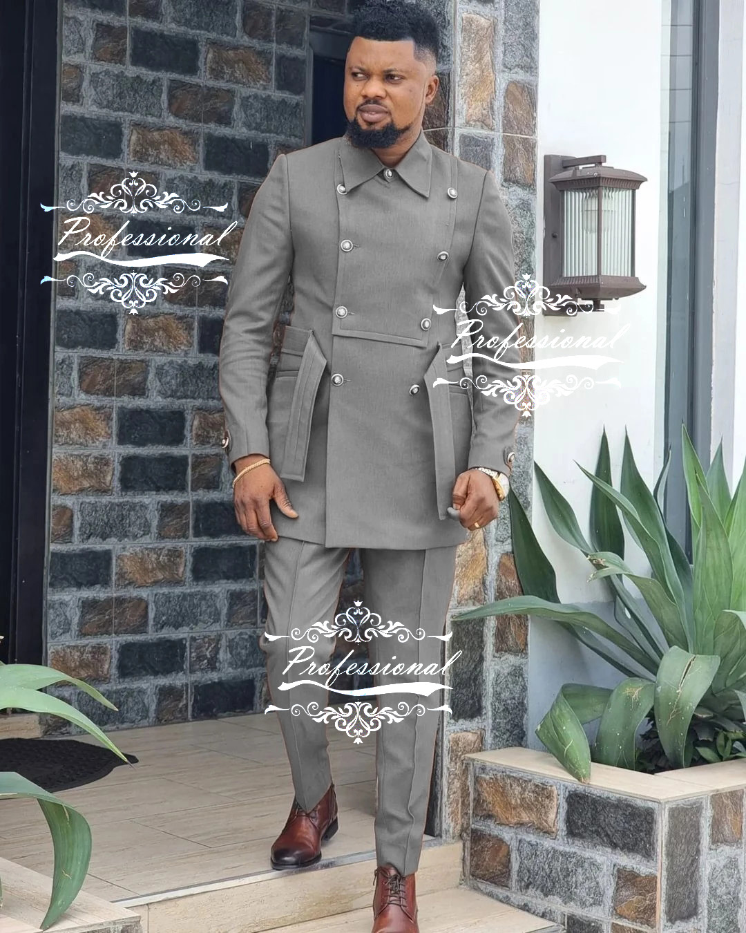 Grey High Neck Men Suits 2 Pieces Palace Handsome Wedding Suits Fit Slim Formal Casual Prom Double Breasted Coat+Pants Tailored