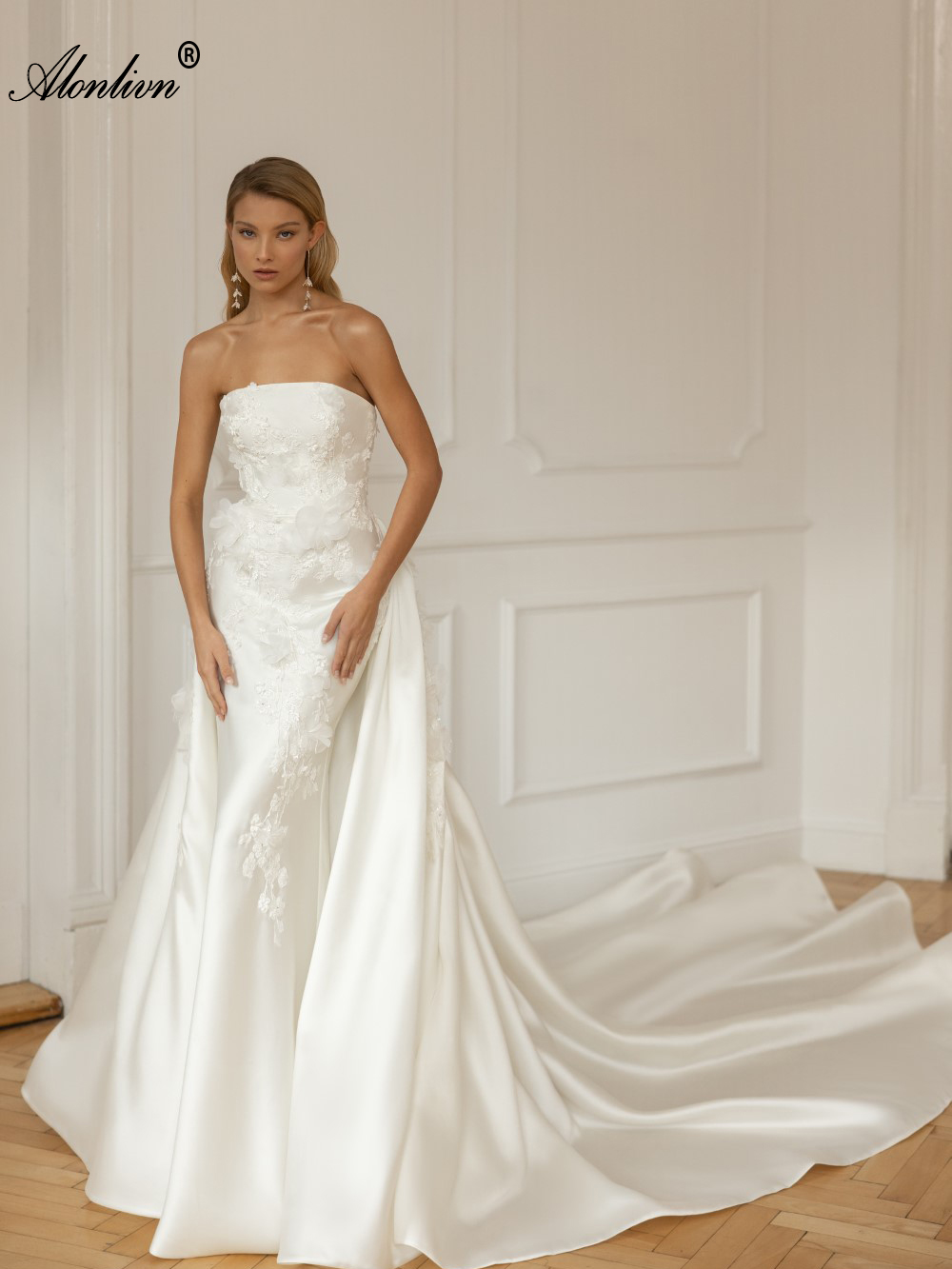 Attackable Strapless 2 In 1 Mermaid Wedding Dress Beading Pearls Appliques Decathed With 3D Flowers Removable Satin Train Off The Shoulder Trumpet Bri