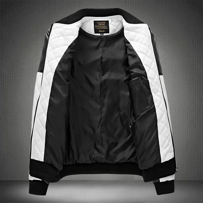 2023 Men Casual High Quality Classic Motorcycle Thick Pu Coat Winter Black White Stitching Contrast Leather Jacket 241108