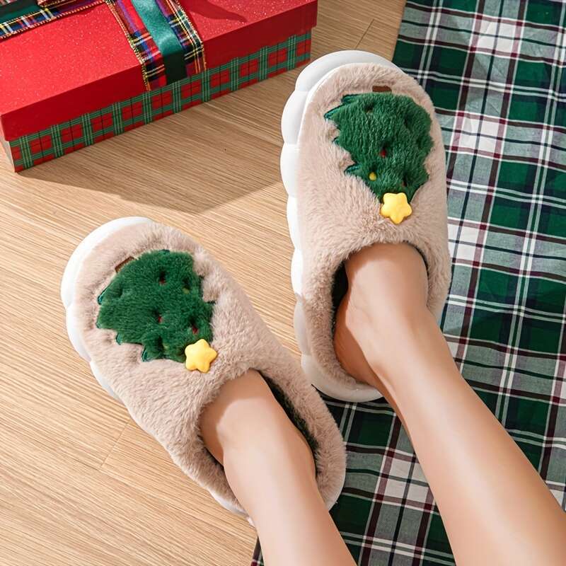 Comfy Christmas Tree Pattern Hollow Out Slides Soft, Non Slip, Thermal, Fuzzy, Casual, Indoor, Bedroom Shoes Men - Perfect for Cold Winter Days