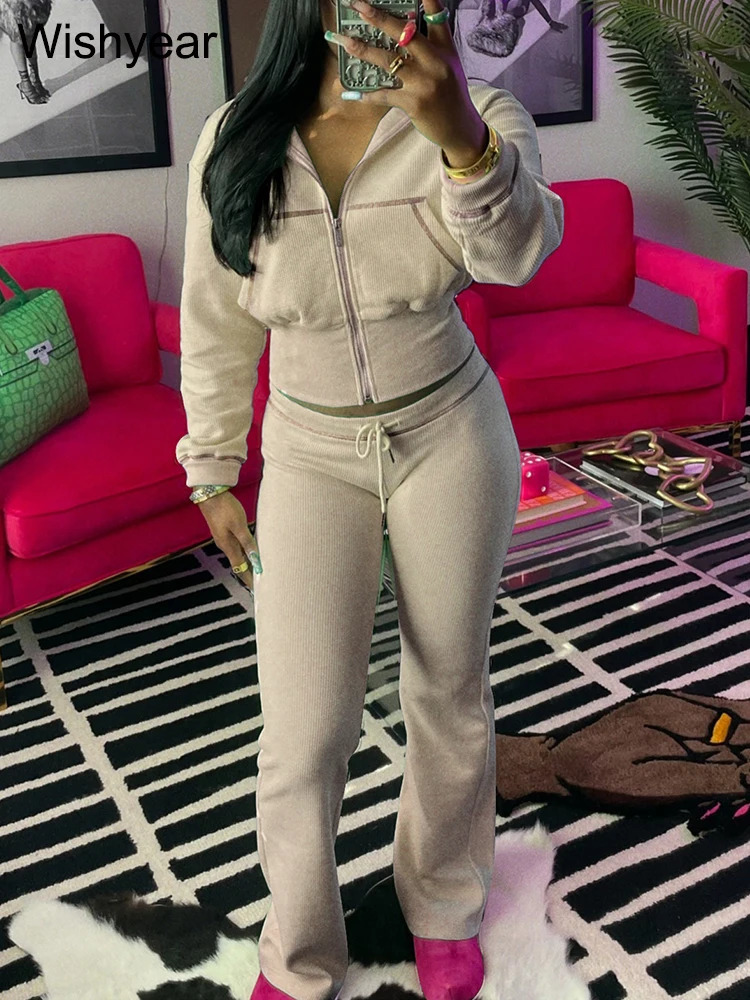 Tracksuits Women Sales Fall Winter Waffle Knit Two 2 Pieces Set Sweatshirts Jacket and Flared Pants Street Sports Workout Outfit 241111