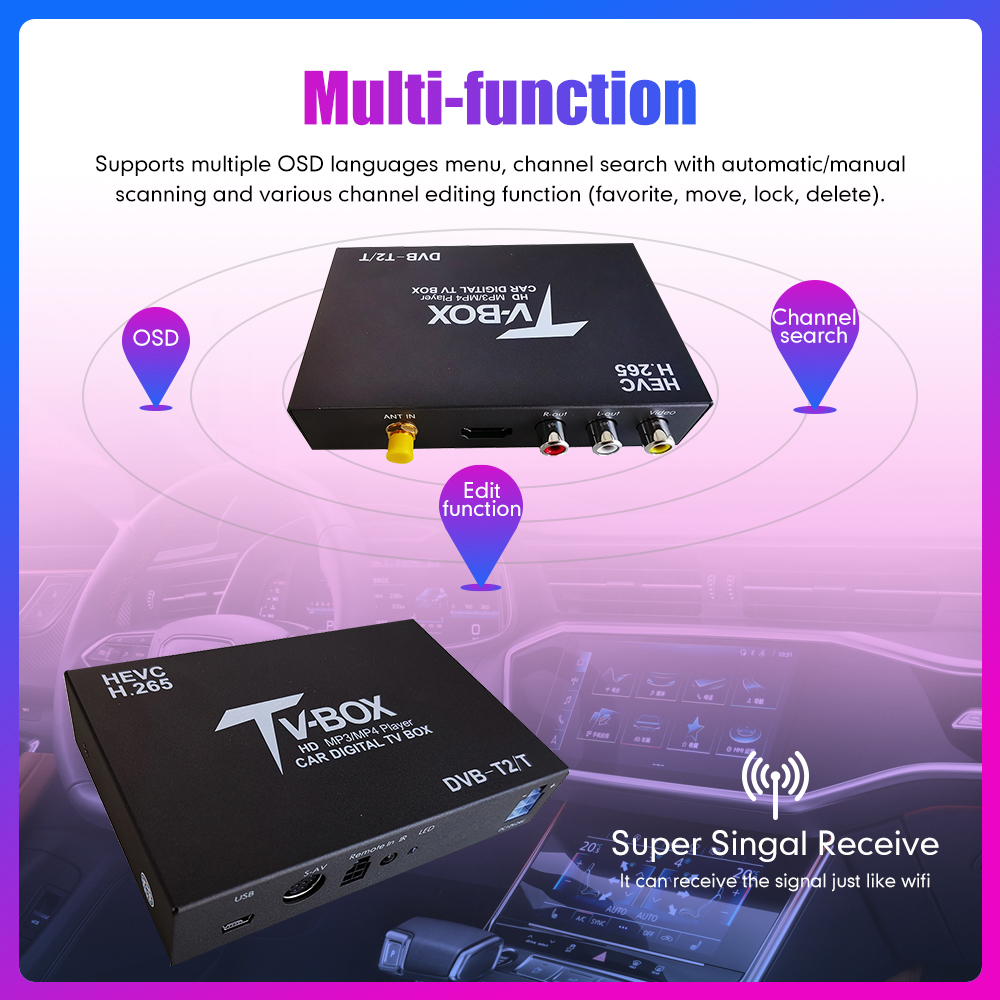 Car TV Signal Box DVB-T Auto Mobile Digital TV Box DVB-T2 HEVC H.265 Receiver TV Tuner Box Germany Europe Australia Philippines