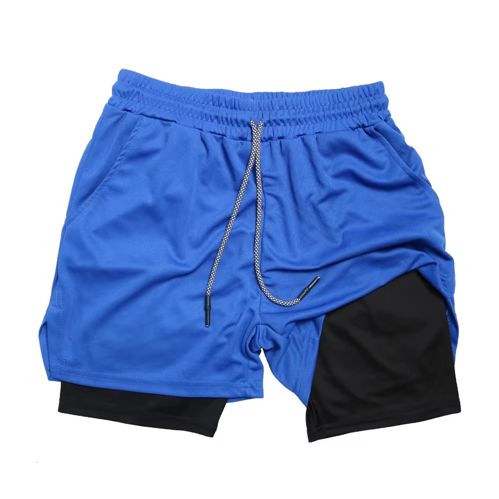 Mens double-layer fitness shorts mens fitness gym training 2-in-1 sports shorts quick drying exercise jogging double-layer summer 241111