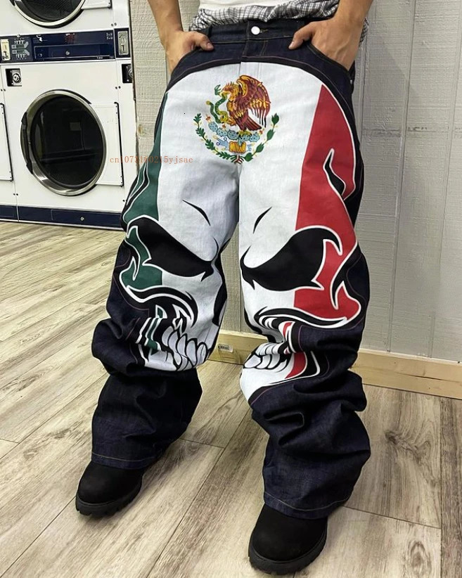 Y2k jeans mens skeleton elements personalized straight pants American street style loose casual blue jeans 241108