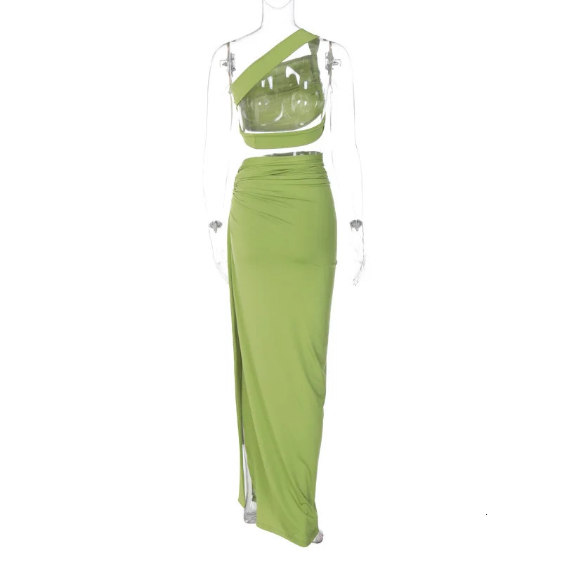 Autumn Winter One Shoulder Backless Crop Top Tanks and Long Split Skirt Two Piece Matching Sets Women Sexy Club Party Outfits 240329