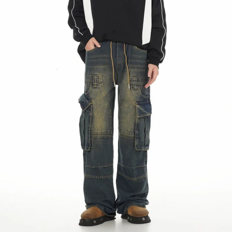 Y2K street pants Korean loose jeans elastic waist black gray washed several generations of mens work pants 241108