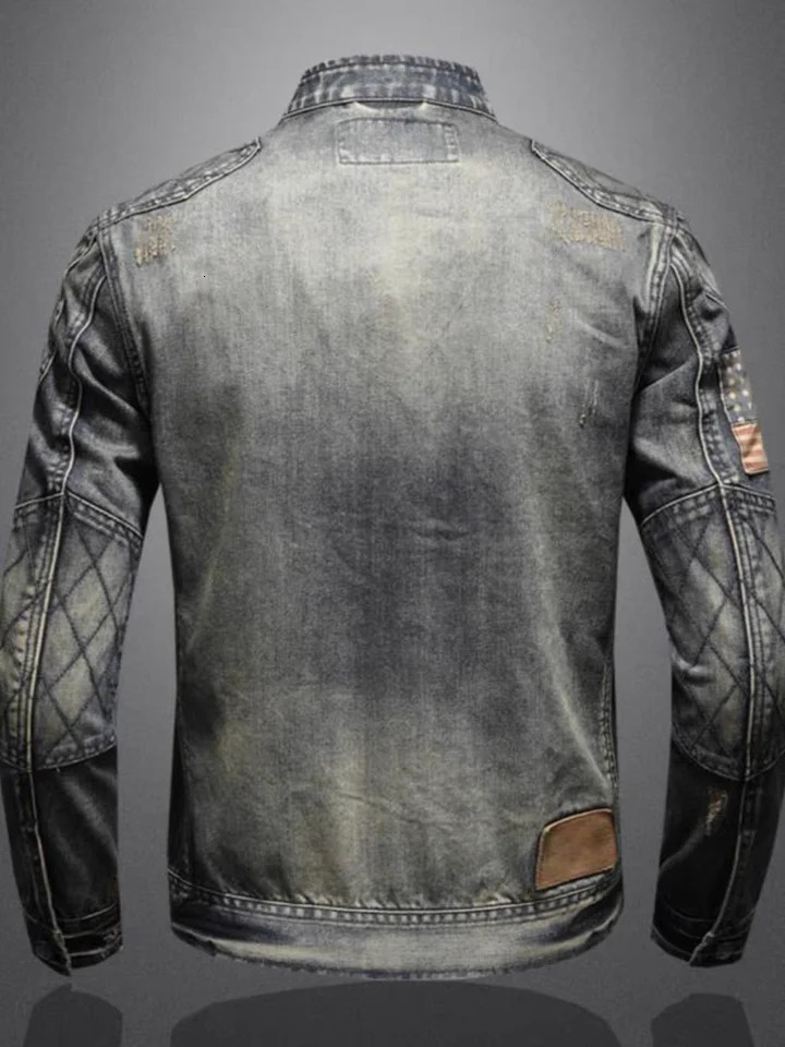 mens denim jacket trend retro fashion casual stand up collar zipper jacket handmade cyclist clothing denim top 241108