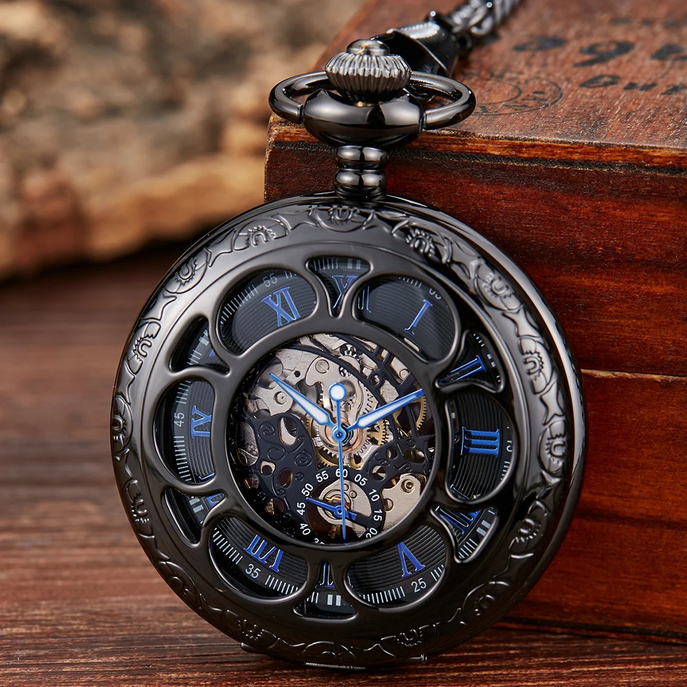 Roman numeral mechanical pocket watch carved silver case steampunk skeleton watch mens Fob chain watch 241108