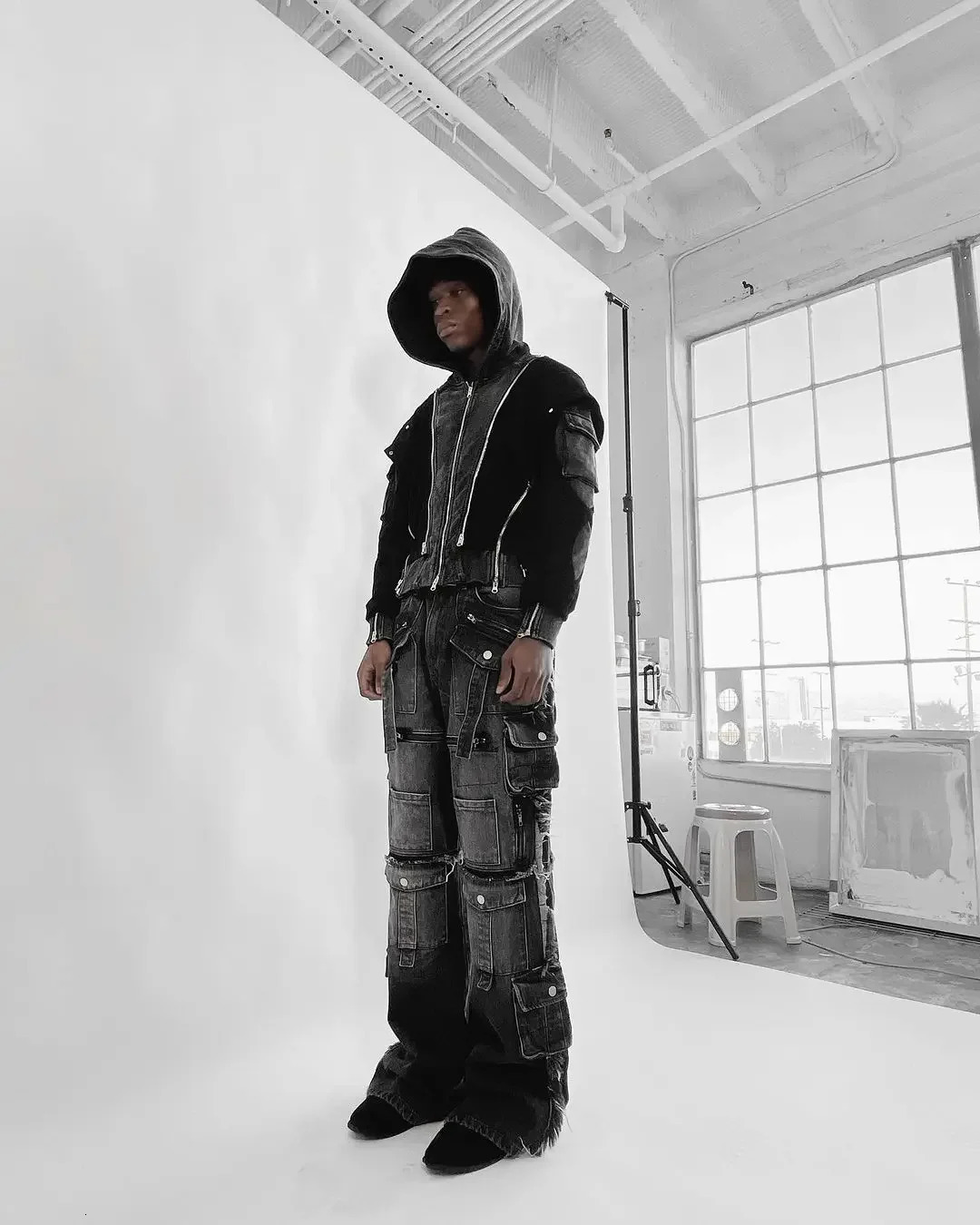 Y2K Harajuku Multi Pocket Washed Black Jeans Men Gothic Autumn Loose Drag Pants Street Hiphop Rap 90s tie Wideleg 241111