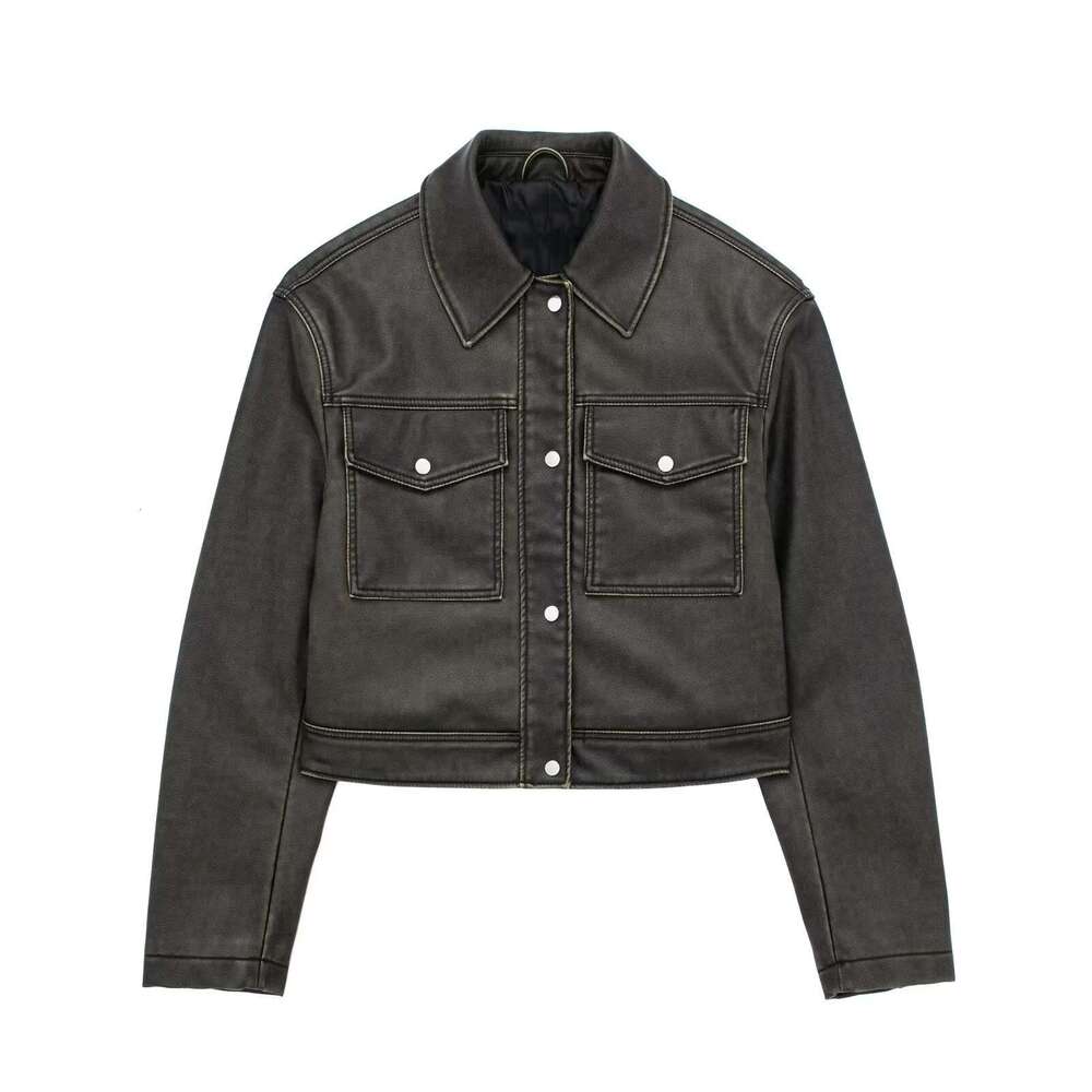 shanshi leather jacket women Wind new women's lapel pocket single breasted faux leather short jacket jacket facing