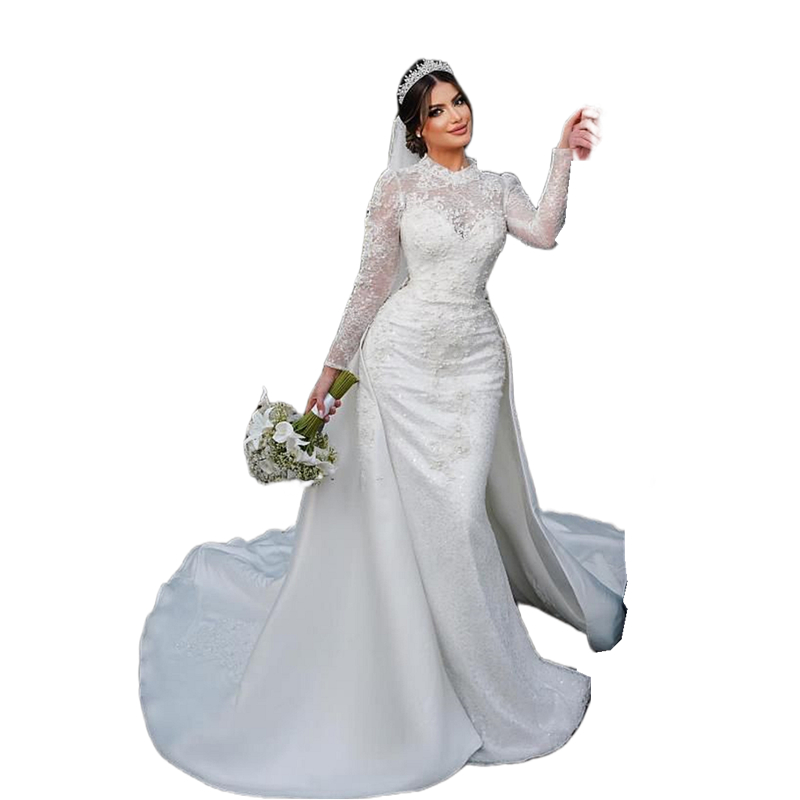 urious Arabic Dubai Lace Mermaid Wedding Dresses With Detachable Skirt Pearls Beaded Long Sleeves Elegant Ivory Bridal Gowns Chapel Train Church Vesti