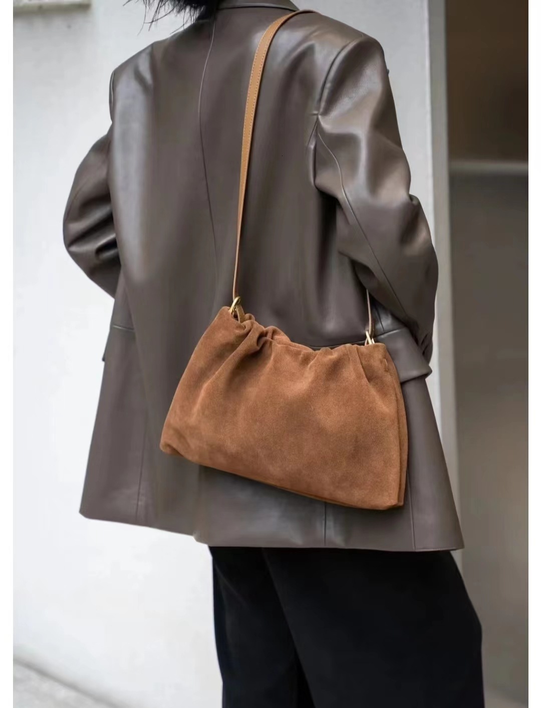 Frosted Suede Cloud Tote For Women Simple All-In-One Corset Drawstring Fashion Single Shoulder Crossbody Bag Genuine Leather Vintage Style Bagvoyage