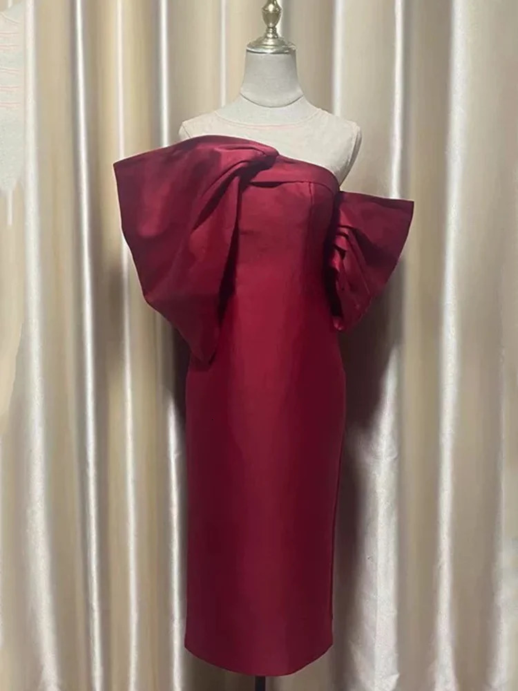 Fashion Womens Evening Dress Slash Neck Chest Wrapping 3D Bows Patchwork Slim Zipper Dresses Summer 241108