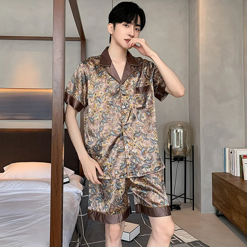 Sleepwear Men Pajamas Trousers Long Sleeve Short Shorts Pijama Sleep Printed Silk Satin for Sets 241111