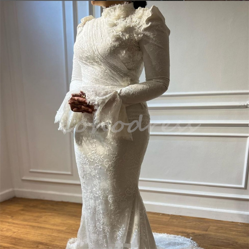 Plus Size Arabic Muslim Wedding Dresses Elegant Long Sleeve Lace Mermaid Bride Dress With Floral Dubai High Neck Islamic Bridal Gowns Robe De Mariee v