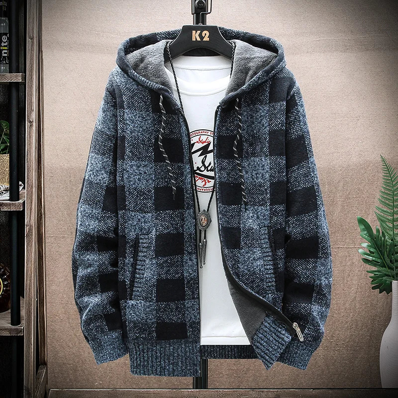 Mens Winter Plaid Sweater Hooded Cardigan Cold Coat Wool Zipper Jacket Autumn Fleece Warm Clothes Checkered Knit Jumper 241111