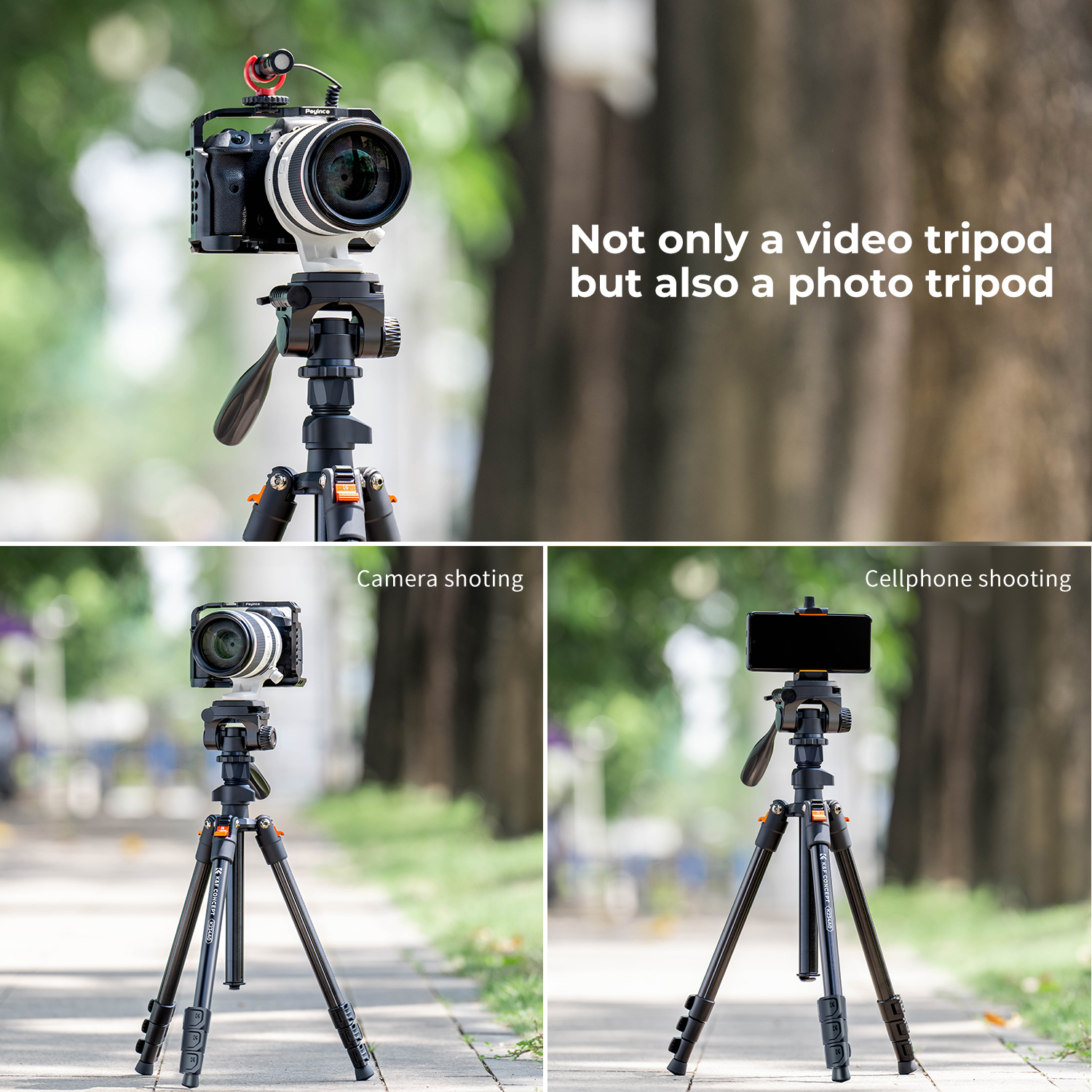K&F Concept 64 /177cm Video Lightweight Portable Travel Tripod with 3-Way Swivel Pan Tilt Head for Phone SLR DSLR Camera