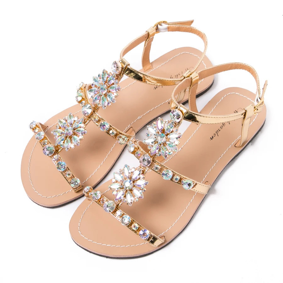Summer Women's Peep Toe Bohemia Sandals Female Diamond Flat Shoes Lady Casual Beach Rhinestone Shining Slippers Plus Size 240401