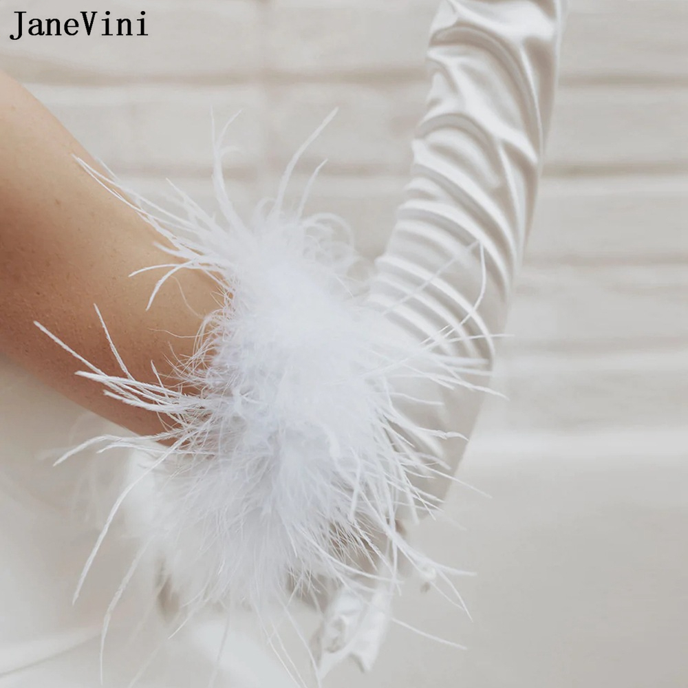 JaneVini 2023 White Feathers Long Bridal Gloves Women Satin 55cm Long Bride Wedding Gloves Arm Length Lange Handschoenen Dames