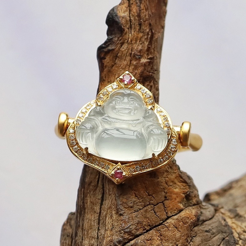 Silver inlaid natural ice jade chalcedony Buddha rings for women dual purpose ring pendant classic Chinese style jewelry