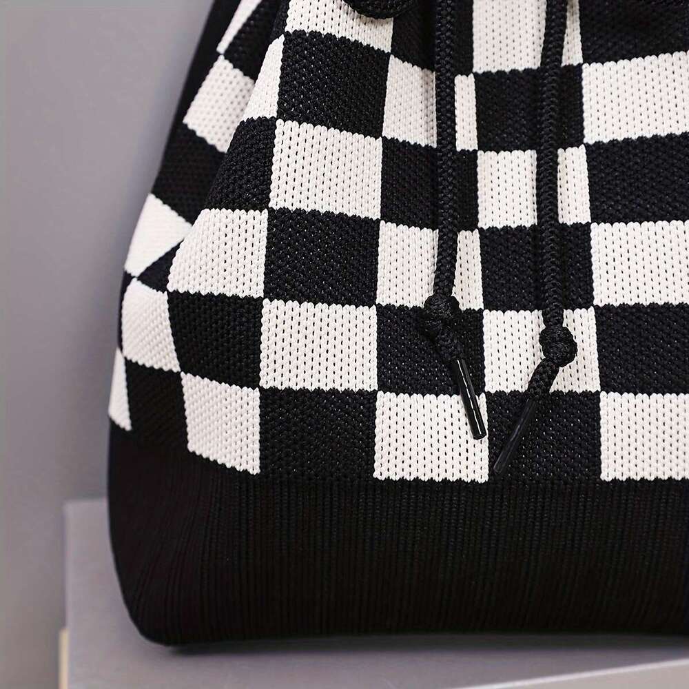 Fashion 2024 Stylish Checkerboard Knitted Shoulder Bucket Bag - Crossbody Bags with Classic Drawstring Design, Adjustable Straps, and Spacious Interio