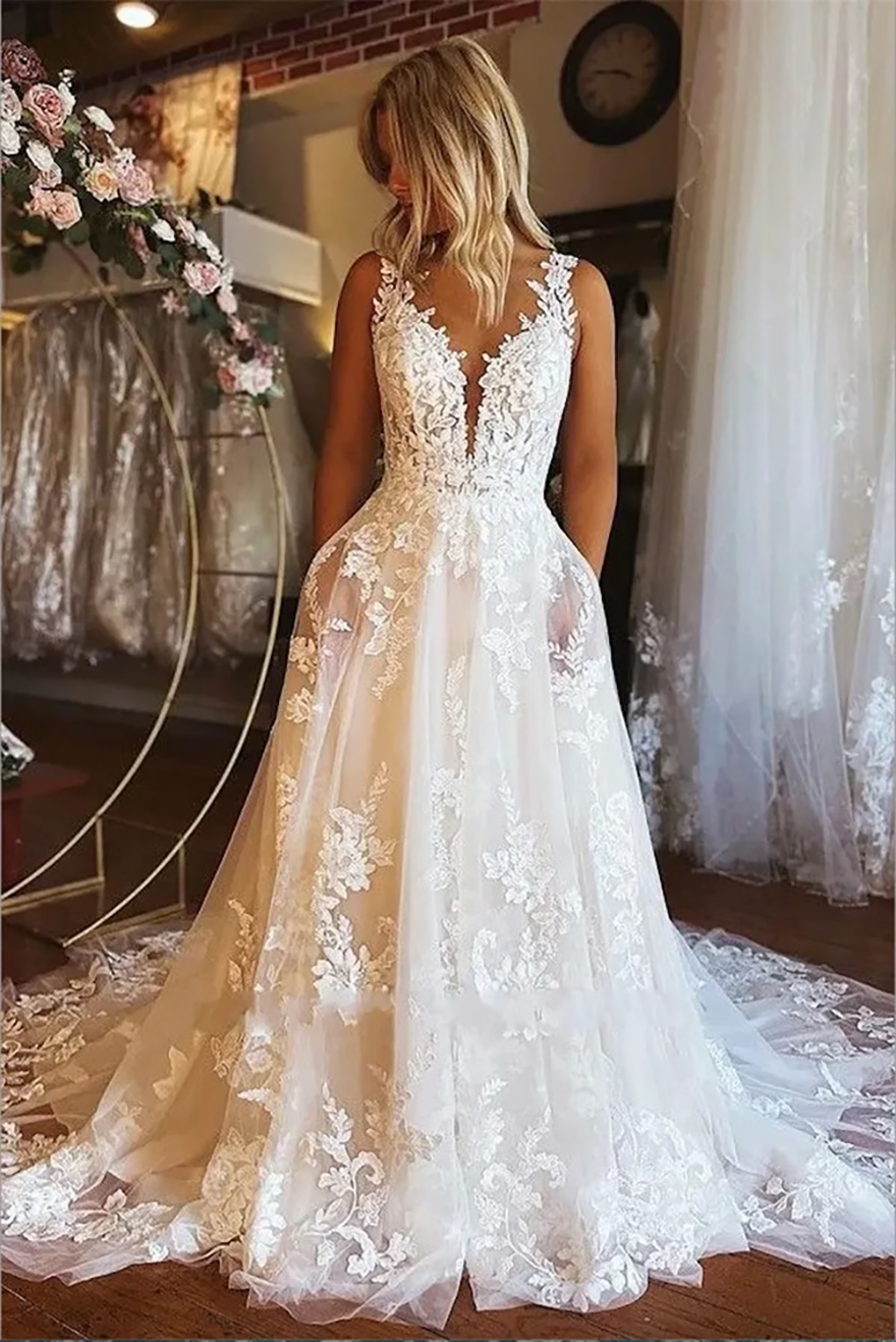 Lace Backless Sexy Wedding Dresses With Pocket A Line V Neck Appliques Tulle Summer Boho Bridal Gowns Plus Size BC ppliques