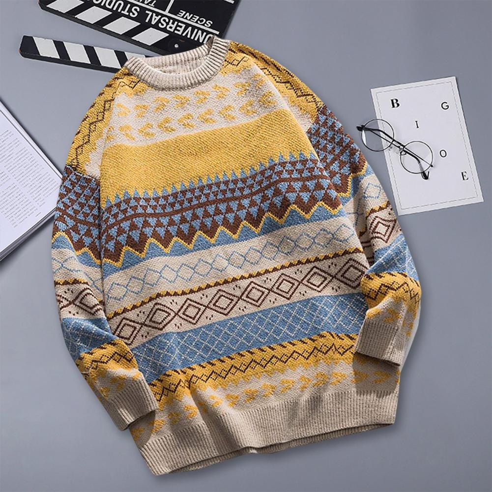 Knitted Striped Vintage Sweater Pullover Men Sweater Casual Men's Sweater O-Neck Long Sleeves Retro Striped Print Sweater Jumper
