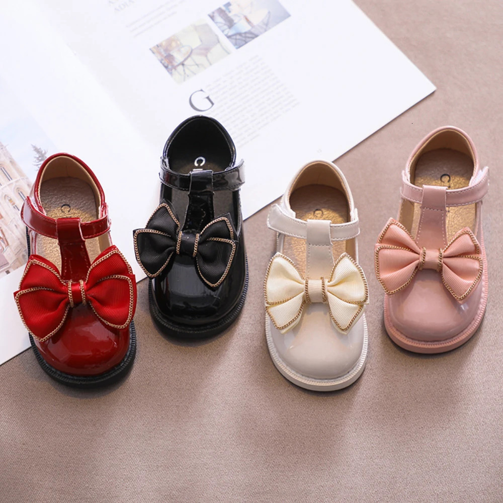 Baby Girl Cute Bow Shoes Leather Preschool Childrens First Birthday Party Pink Soft Cushion Solid Color Red Burgundy Christmas Halloween 241111