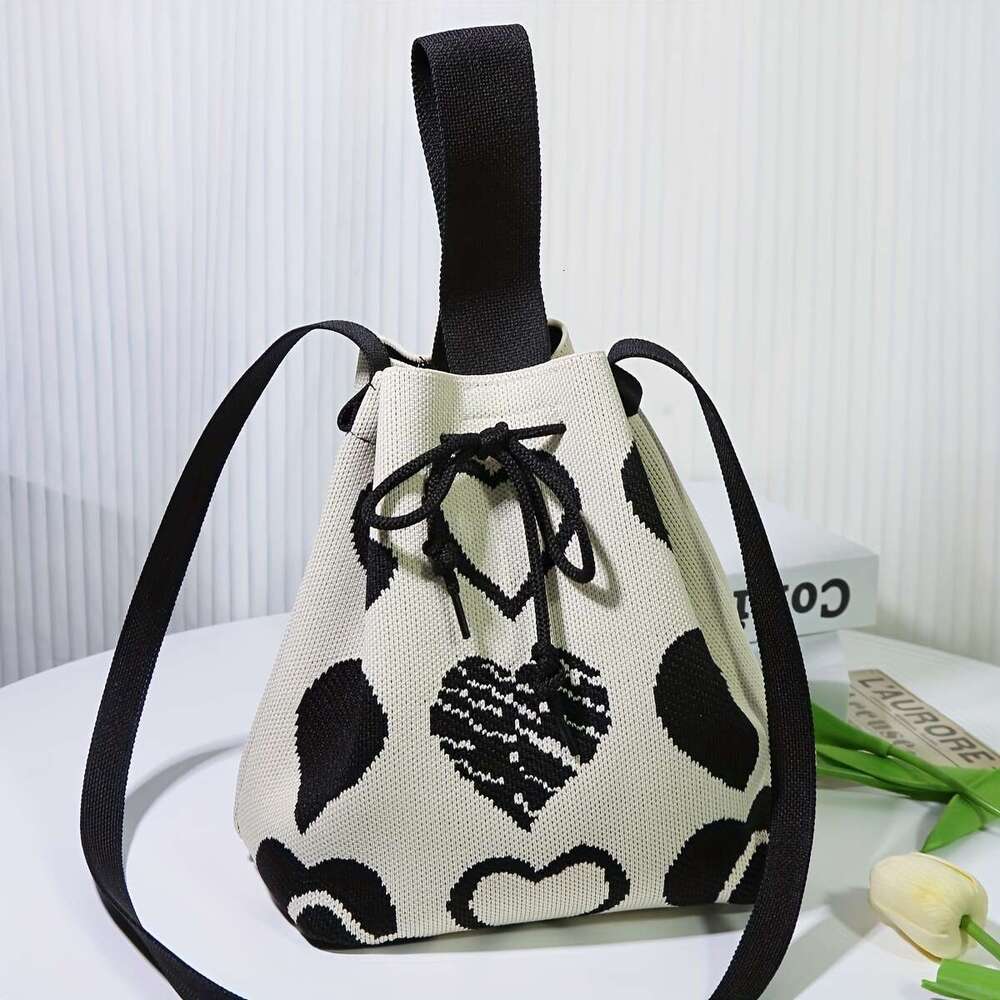 Fashion Mini Classic Heart Pattern Bucket Drawstring Shoulder Bag, Casual All-Match Handbag .