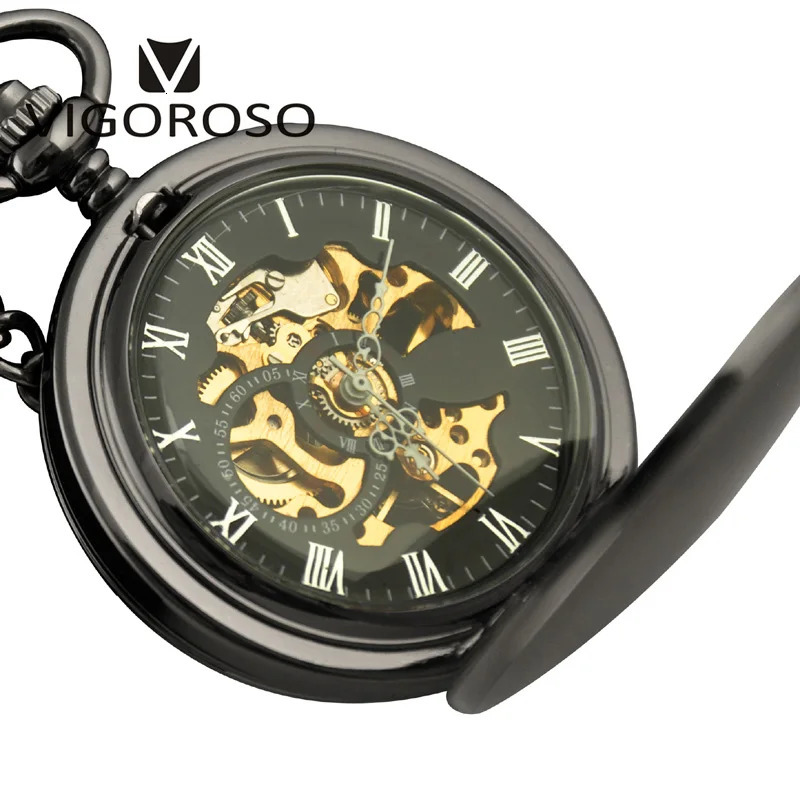 Black alloy retro anti pocket watch steampunk dual hunter mechanical skeleton pocket watch chain anniversary gift 241108
