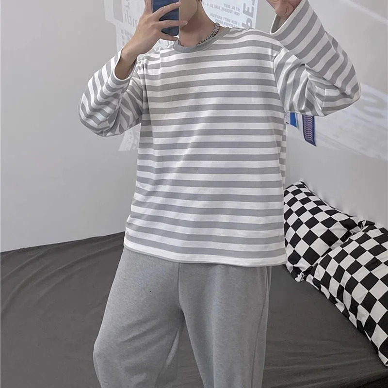 Cotton Men Pajamas Plus Size Autumn and Winter Striped LongSleeved Trousers 2 Piece Set Sleepwear Casual Breathable Home Wear 241111