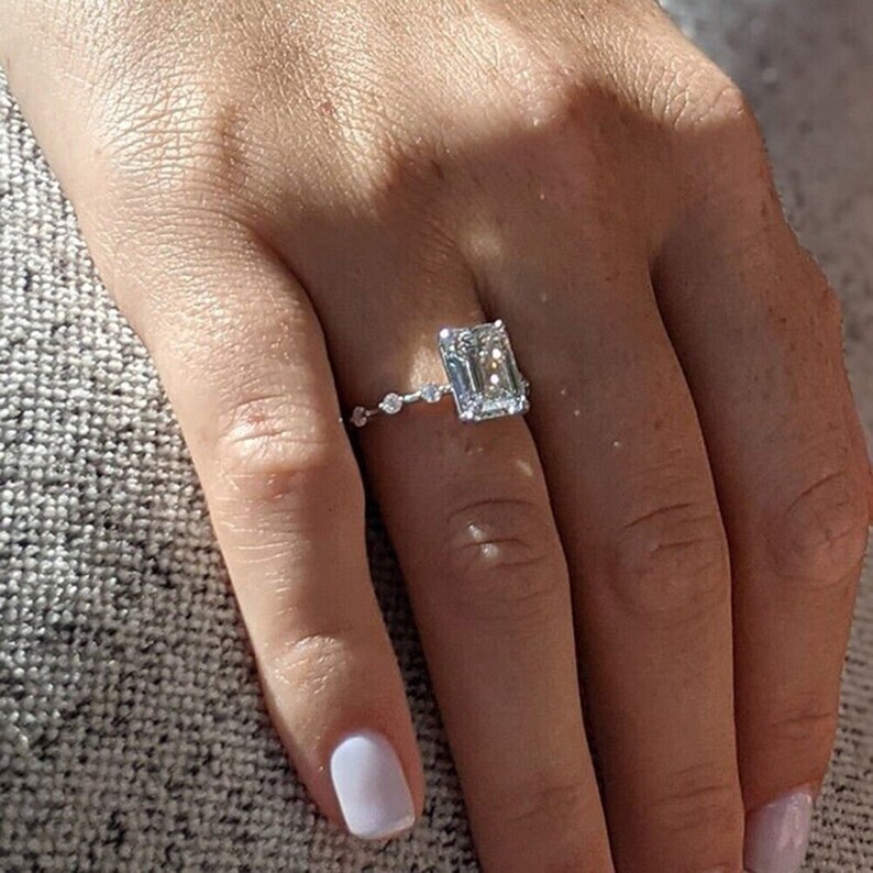 3.35 TCW Colorless Emerald Cut Moissanite Solitaire Ring 14K White Gold gorgeous