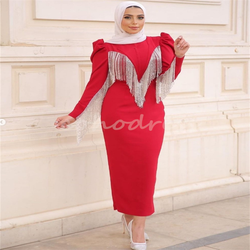 Amazing Red Evening Dress Saudi Arabic Mermaid Muslim Prom Dresses With Tassle Long Sleeve Short Cocktail Party Dress Tea Length Graduation Homecoming