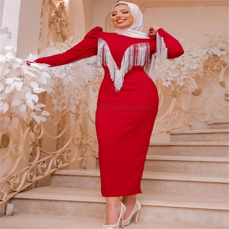 Red Evening Dress Saudi Arabic Mermaid Muslim Prom Dresses With Tassle Long Sleeve Short Cocktail Party Dress Tea Length Graduation Homecoming Birthda
