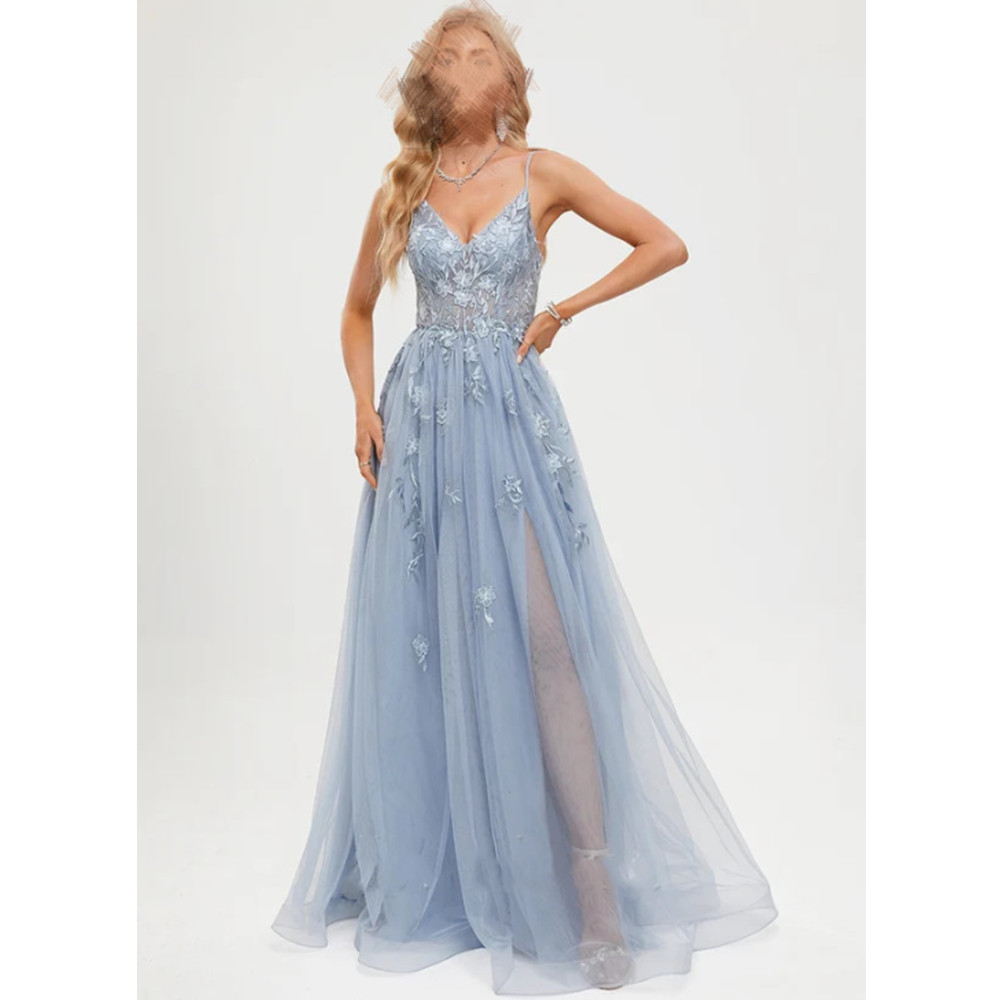 A Line Prom Evening Woman Tulle V Neck Long Elegant Formal Ocn Dresses Sleeveless Party Tail Gown