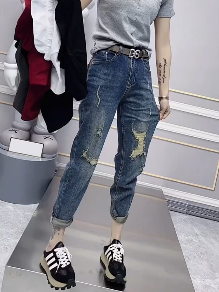 Large Size Ripped Jeans Women's Summer Thin Model 2023 New Radish Daddy Pants Fat Mm Thin Haren Pants Y2k