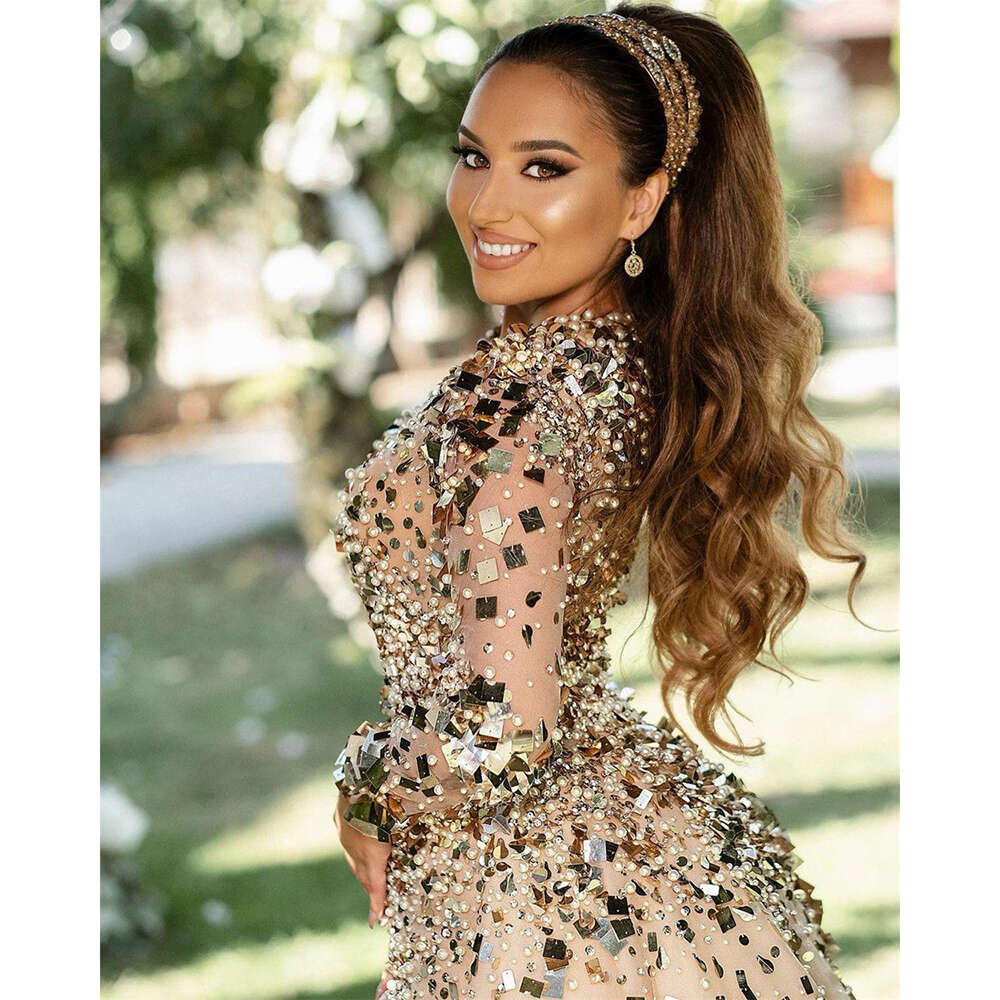 Exquisite Women Mermaid Wedding V-neck Long Sleeves Pearls Sequined Gowns Elegant Beading Court Train Bride Dress