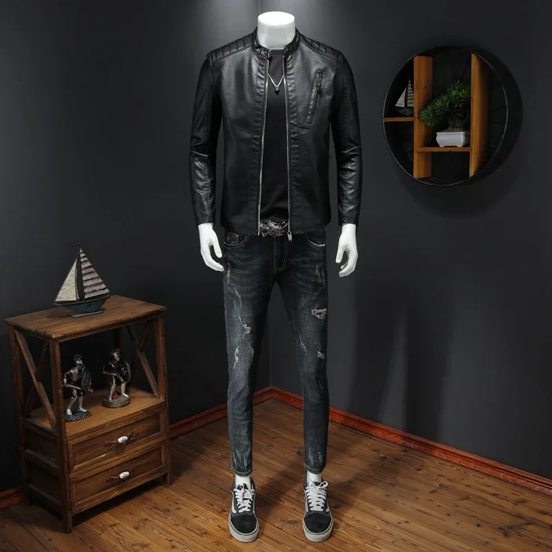 2023 Men Leather Jacket Stand Collar Slim Pu Autumn Fashion Motorcycle Causal Coat Male Moto Biker 241108