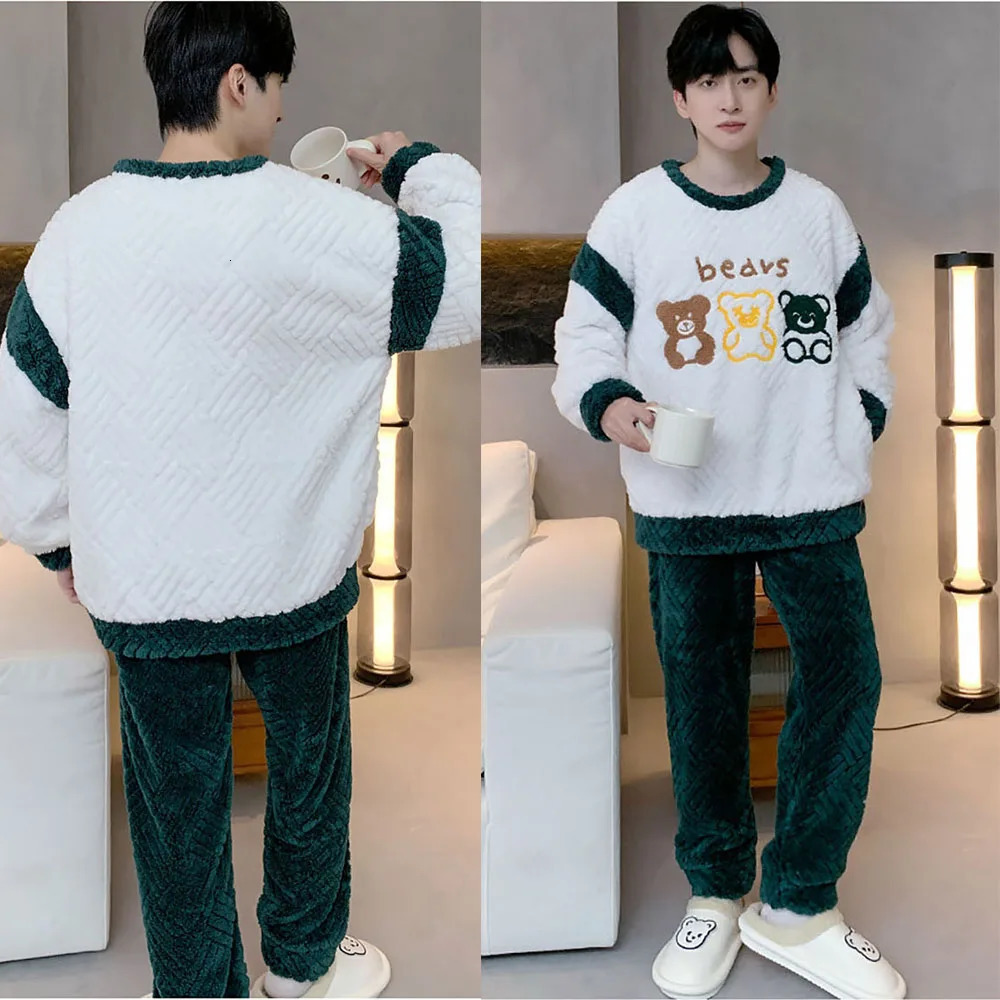 5XL Big Size Mens Winter Pajamas Set Thicken Flannel Warm Cartoon Bear Plush Sleepwear Comfortable O Neck Pajama for Sleeping 241111